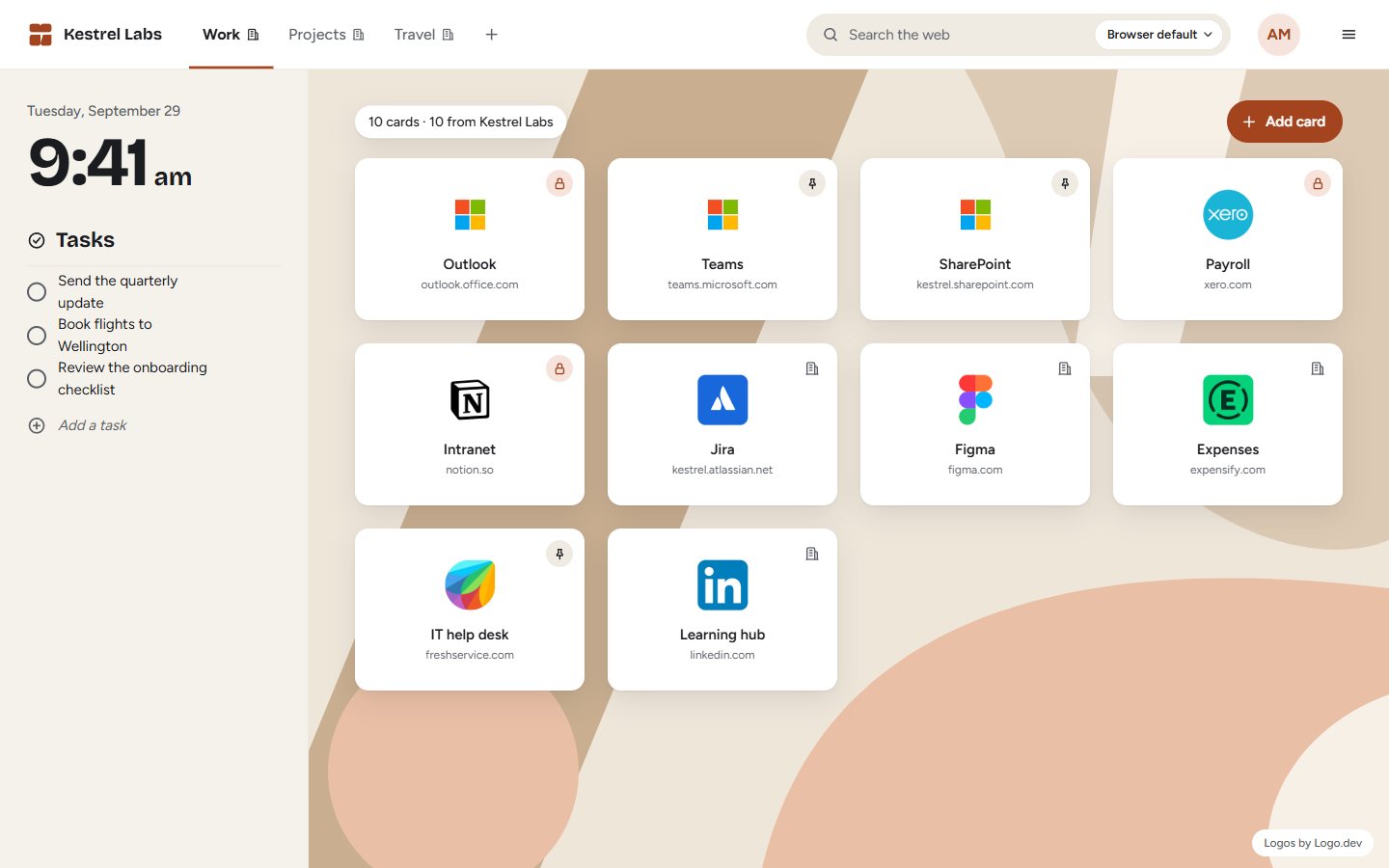 The NewTab page for Kestrel Labs: Tabs across the top, logo Cards in a grid, and the clock, weather and tasks in a column on the left.